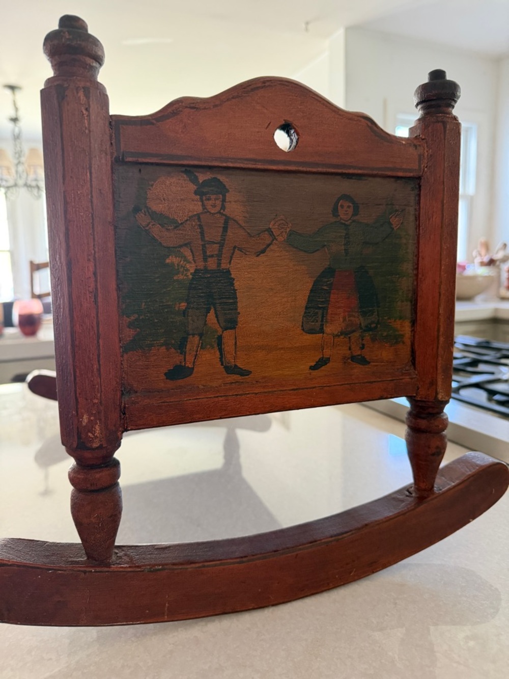 Antique Handcarved Wooden Rocking Cradle with Hand-Painted Couple - Picture 10 of 11